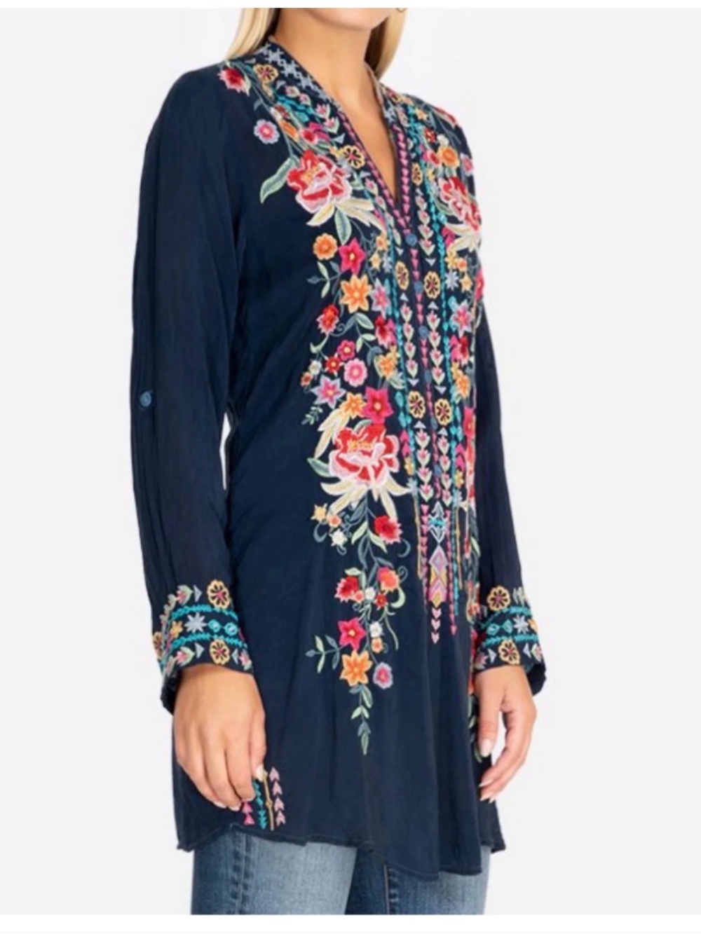 Women's JOHNNY WAS Annette Navy Embroidered Tunic Top Blouse Shirt Dress Size XL - Picture 5 of 6